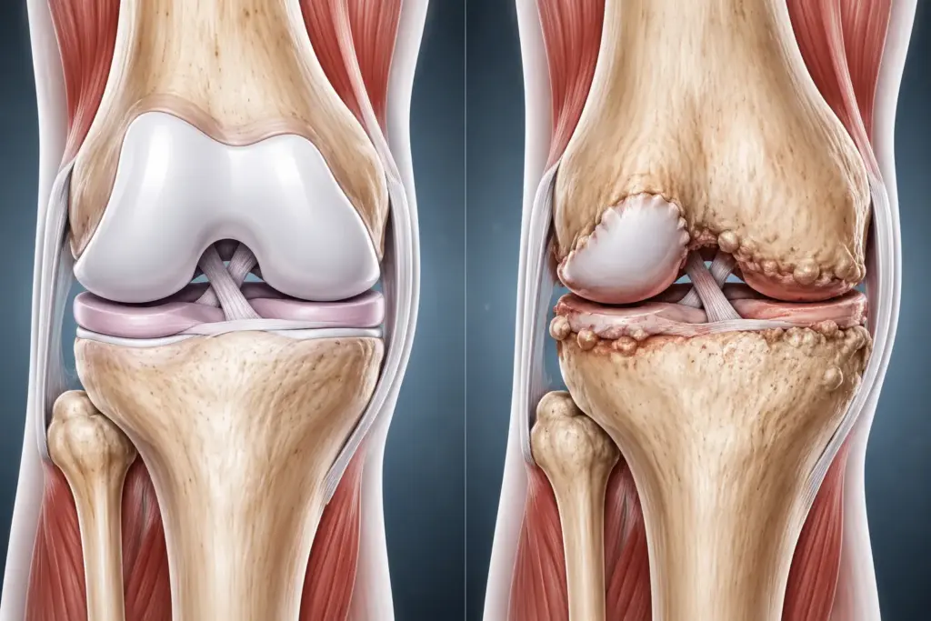 Diagram comparing a healthy knee joint with normal cartilage to an arthritic knee joint with bone-on-bone damage
