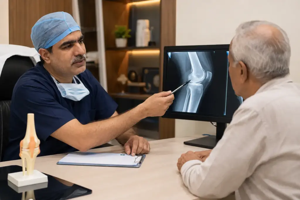 Dr. Sanjay Arora consulting a knee replacement patient in Hisar
