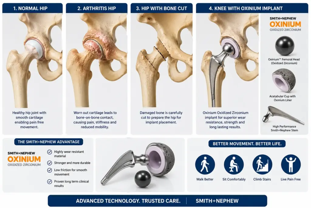 Educational illustration showing the stages of hip replcement surgery from a normal hip to arthritic hip, bone preparation, and final hip replacement using a Smith+Nephew Oxinium oxidized zirconium implant for improved duravility and mobility.