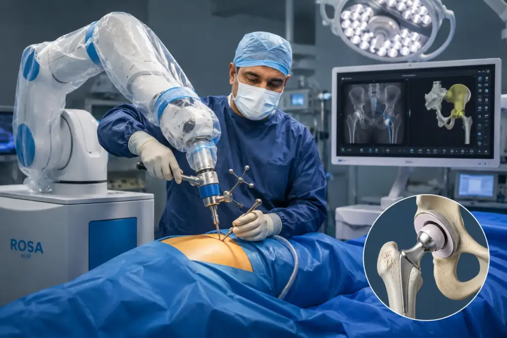 Robotic-assisted hip replacement surgery being performed by an orthopedics surgeon in a modern operation theatre using advanced robotic technology for precise implant placement.