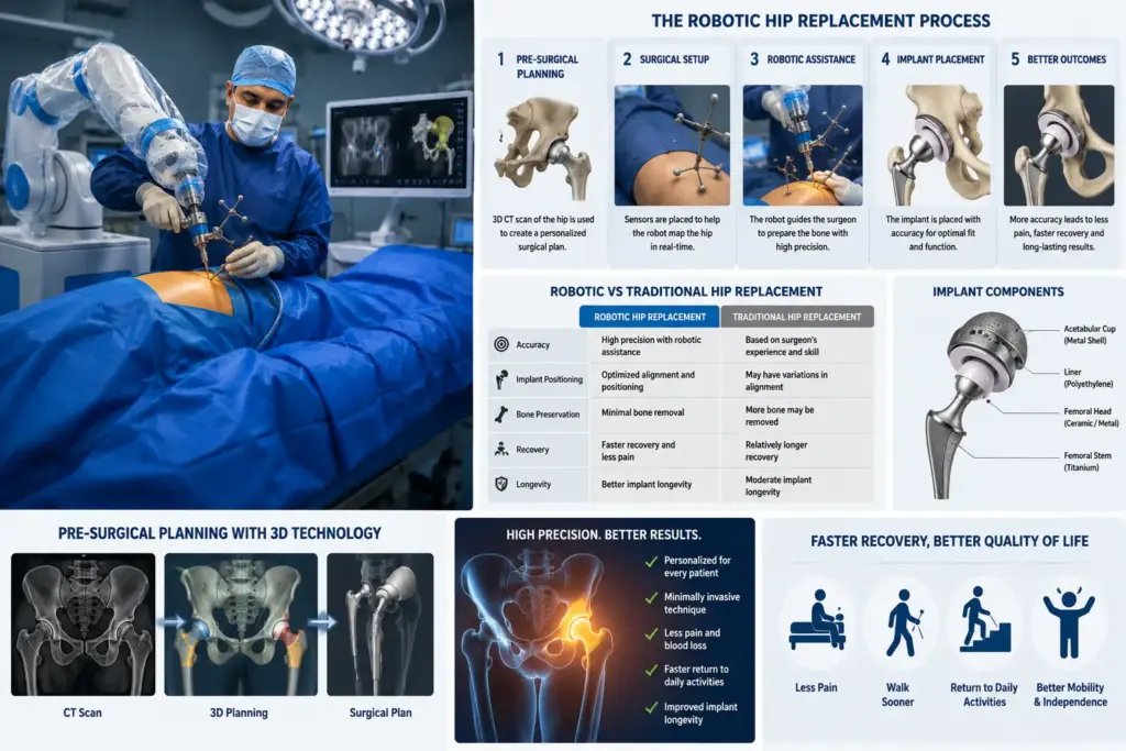 Medical Infographic explaining robotic hip replacement surgery, includng 3D surgical planning, robotic-assisted implant placement, comparsion with traditional hip replacement, comparison with traditional hip replacement, implant components, and faster recovery benefits.