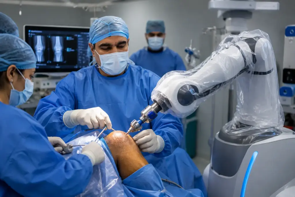 Robotic knee replacement surgery procedure in operation theatre